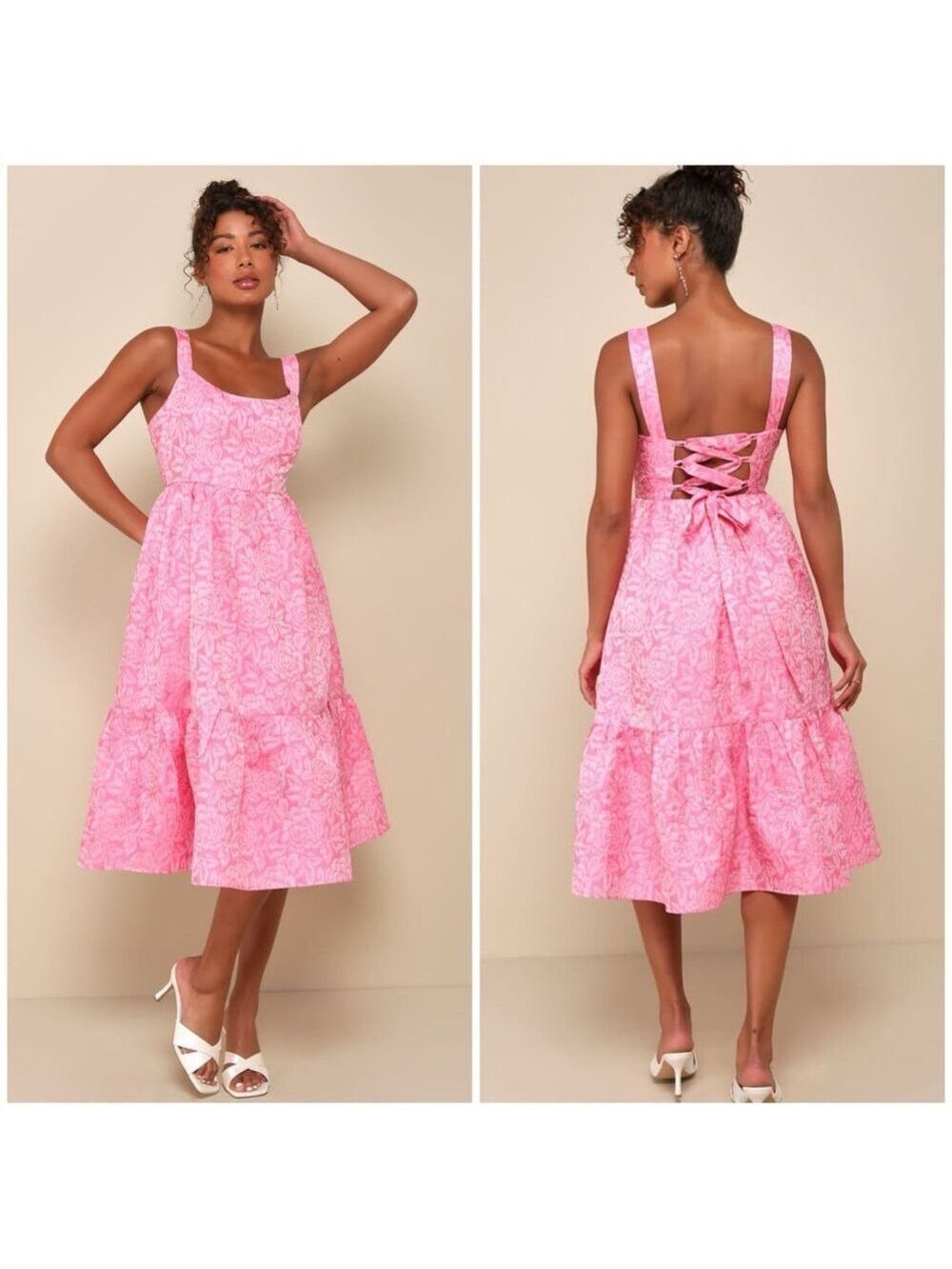Lulu's Spanish Getaway Pink Floral Lace-Up Midi Dress With Pockets